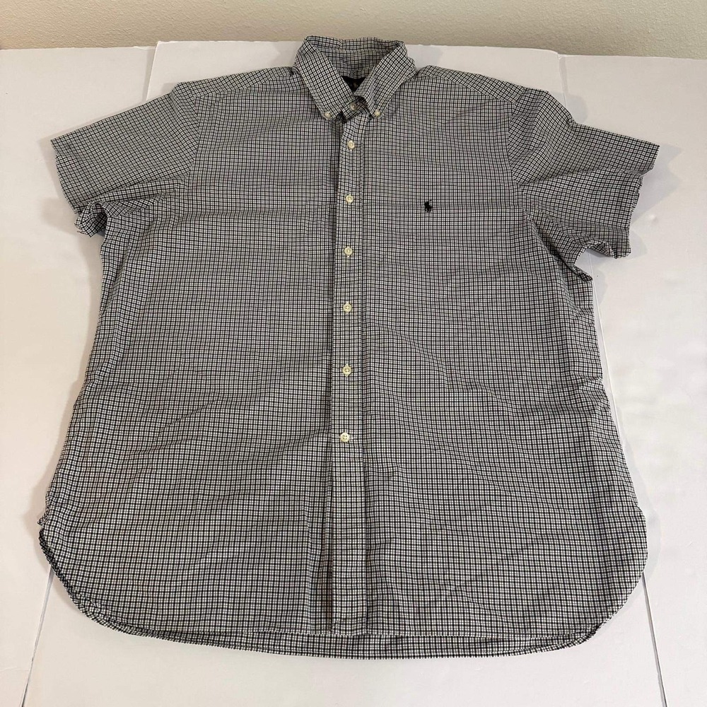 Ralph Lauren Mens 17.5 44 Blue Gingham Short Sleeve Button Down Shirt Cotton